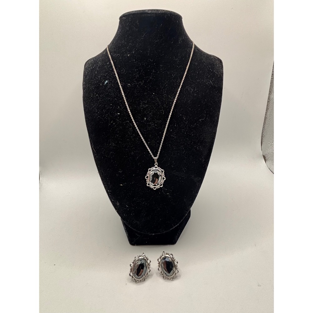 Vintage‎ Sterling Silver Hematite Filigree Necklace and Screw Back Earrings Set